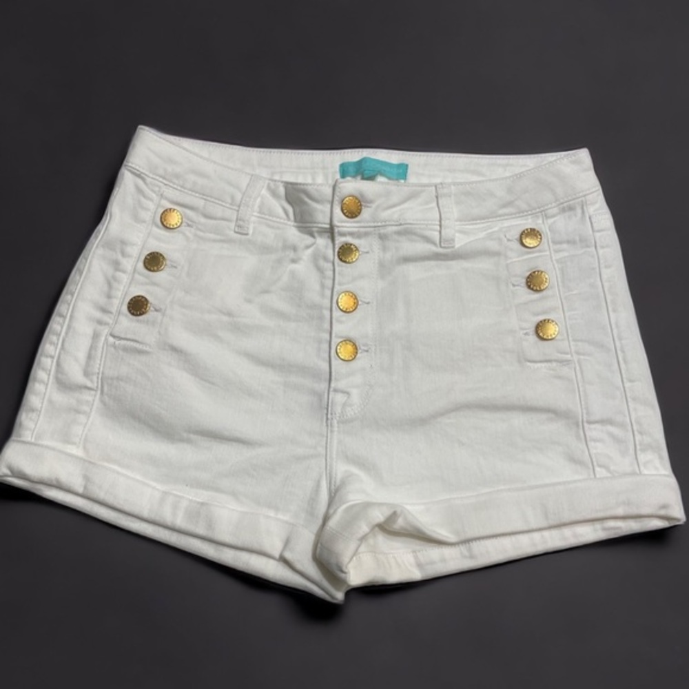 Melissa Odabash White High Waist Shorts with Gold Buttons, SZ Large